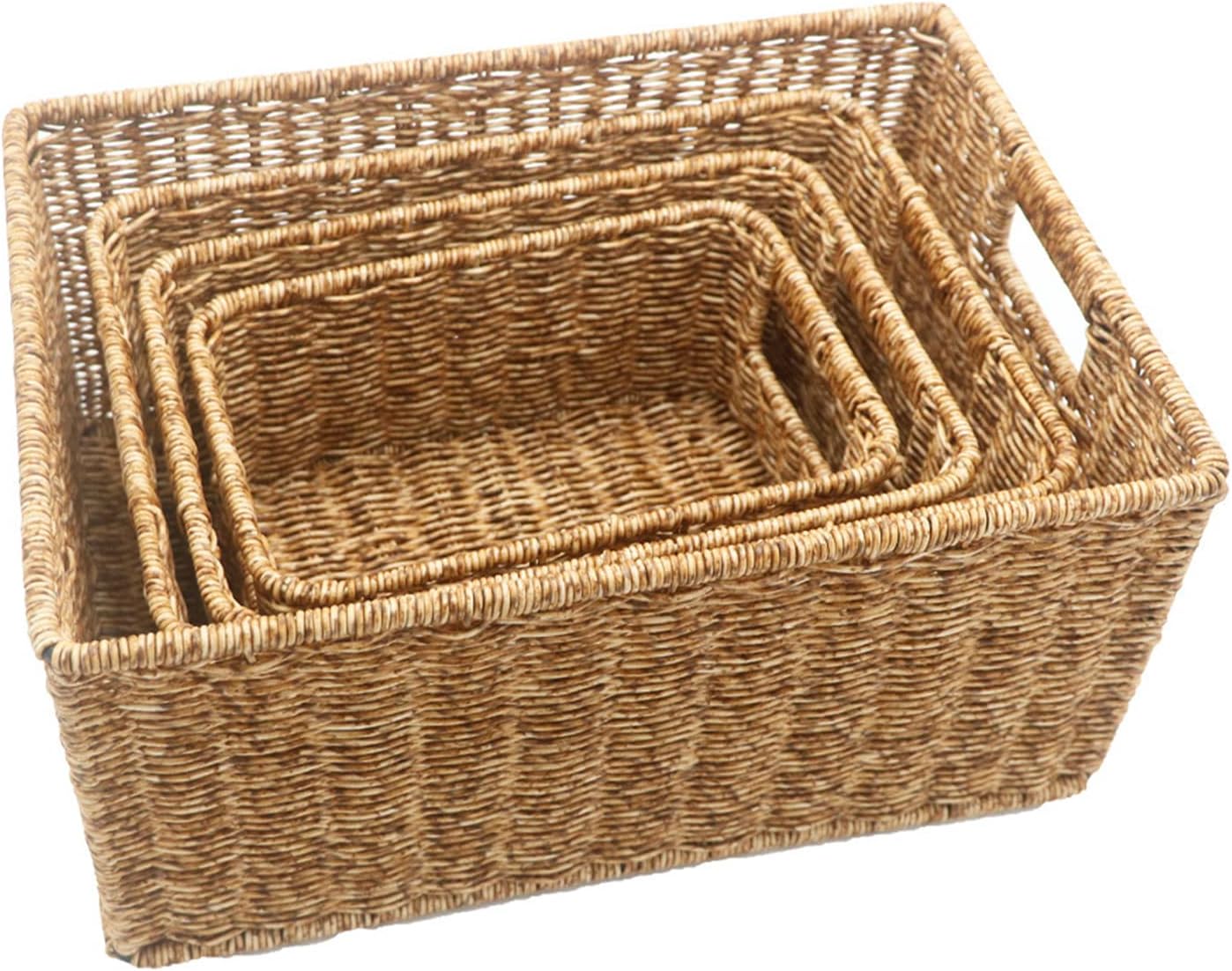 4 Pack Rattan Woven Storage Basket , Open Large Wicker Basket Container, Stackable Storage Shelf Organizer Basket with Built-in Handles, Rectangle(US Stock)