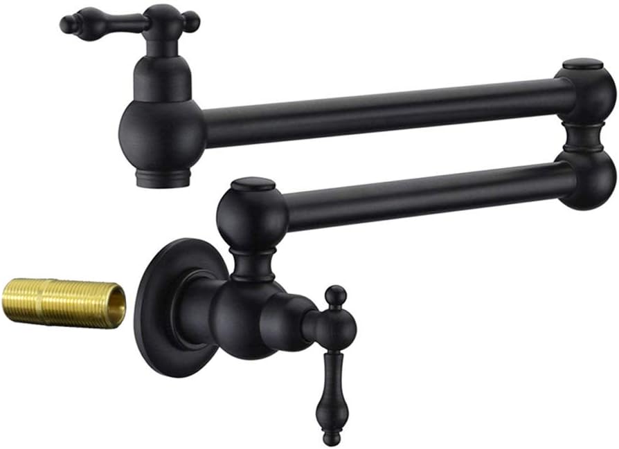 PHASAT Pot Filler Faucet,Black Pot Filler Wall Mount,Brass Kitchen Faucet Folding Stretchable with Double Joint Swing Arm,2 Handles with 2 Cartridges,Single hole,Matte Black,PTZH01C