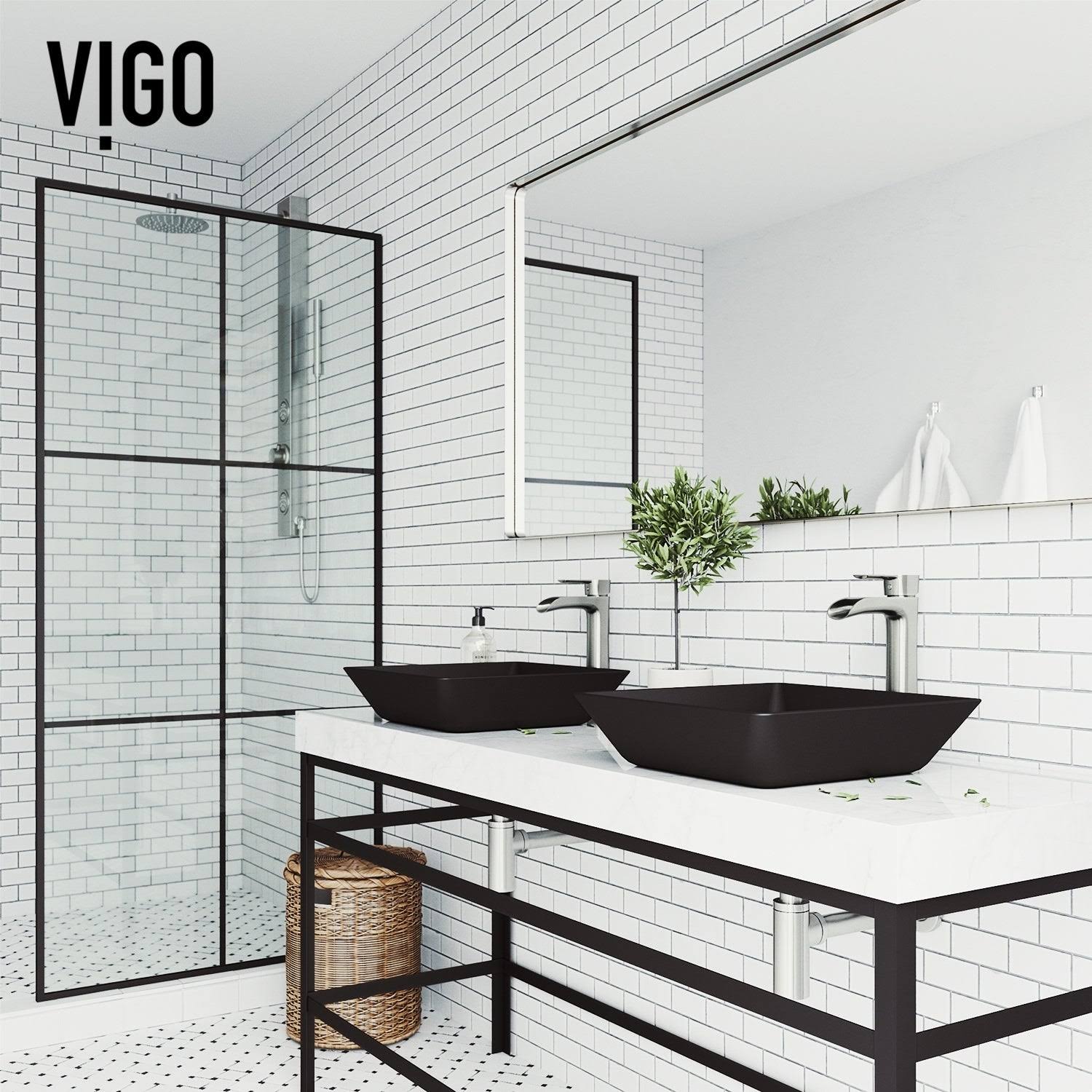 Roma Glass Rectangle Vessel Bathroom Sink Set with Niko Faucet in Brushed Nickel, Black, Vigo VGT1433
