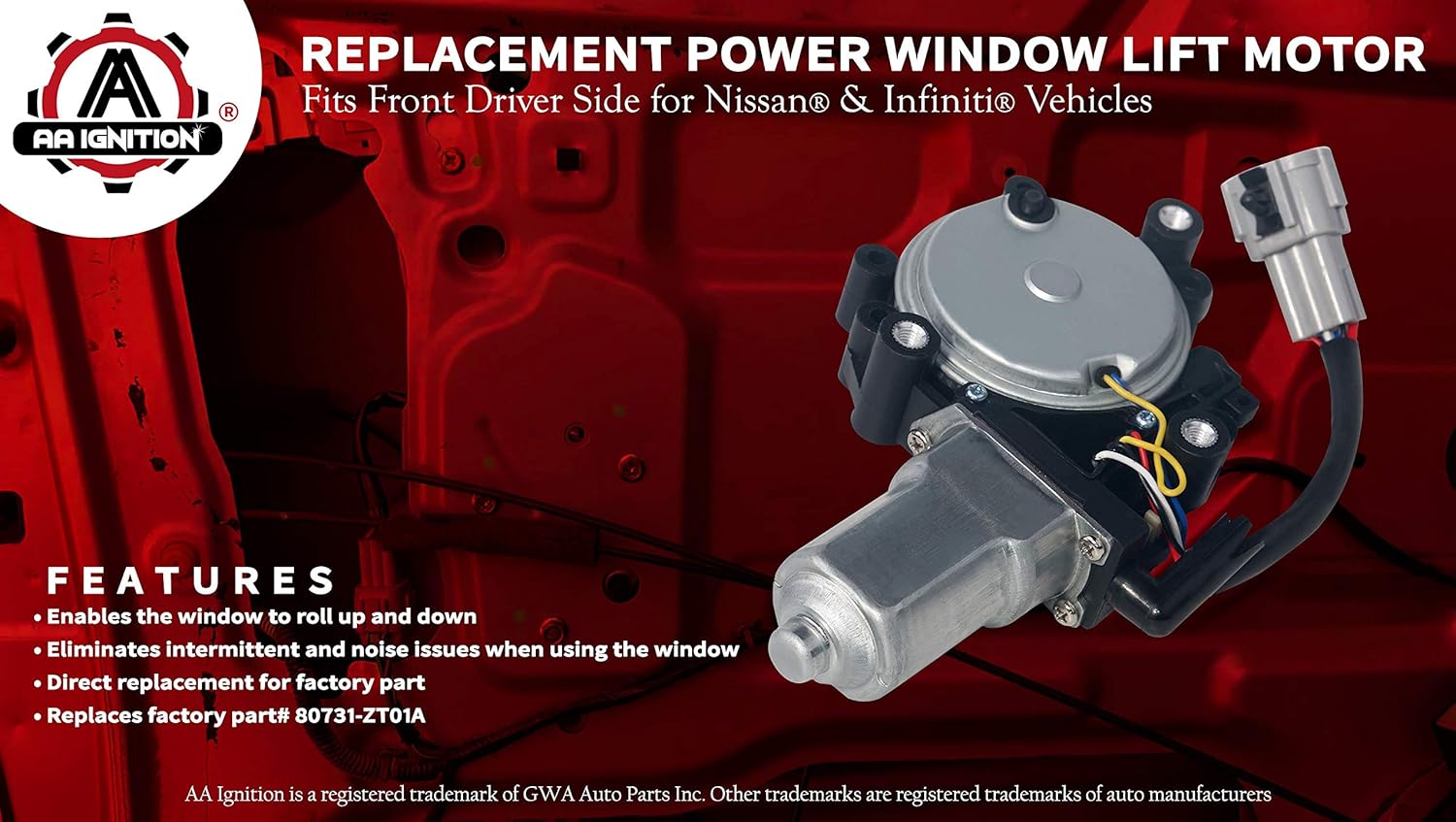 Power Window Lift Motor - Front Driver Side Left - Fits 2004-2019 Nissan Titan, XD, Armada, Pathfinder Armada, Infiniti QX56 - Replaces 80731-ZT01A, 80731ZT01A, 742-527, 807319FJ0A, 742527, 82-1370