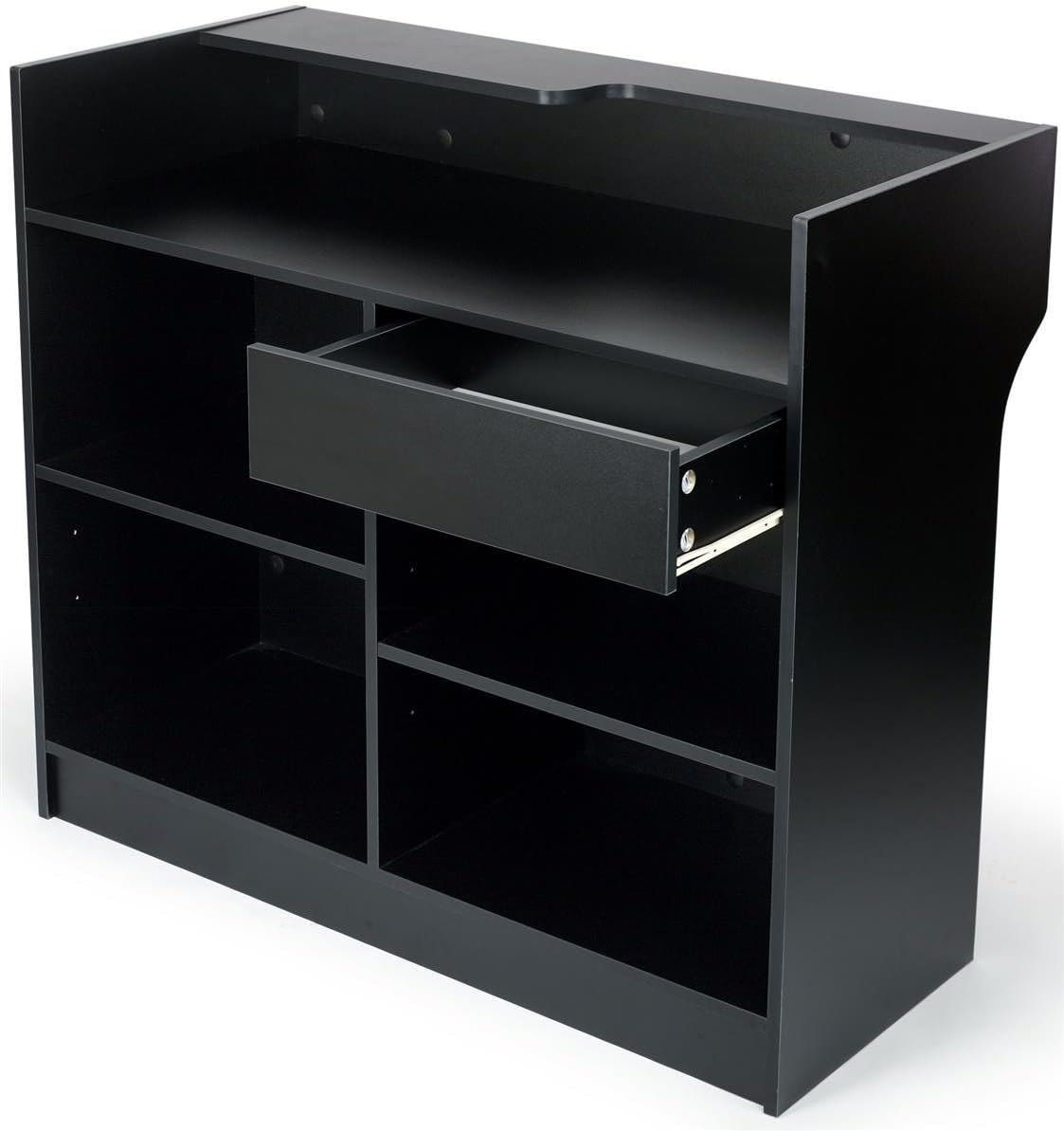 Free-Standing Black Melamine Register Stand, With Adjustable Shelves, Pull-Out Drawer, And Check Writing Area