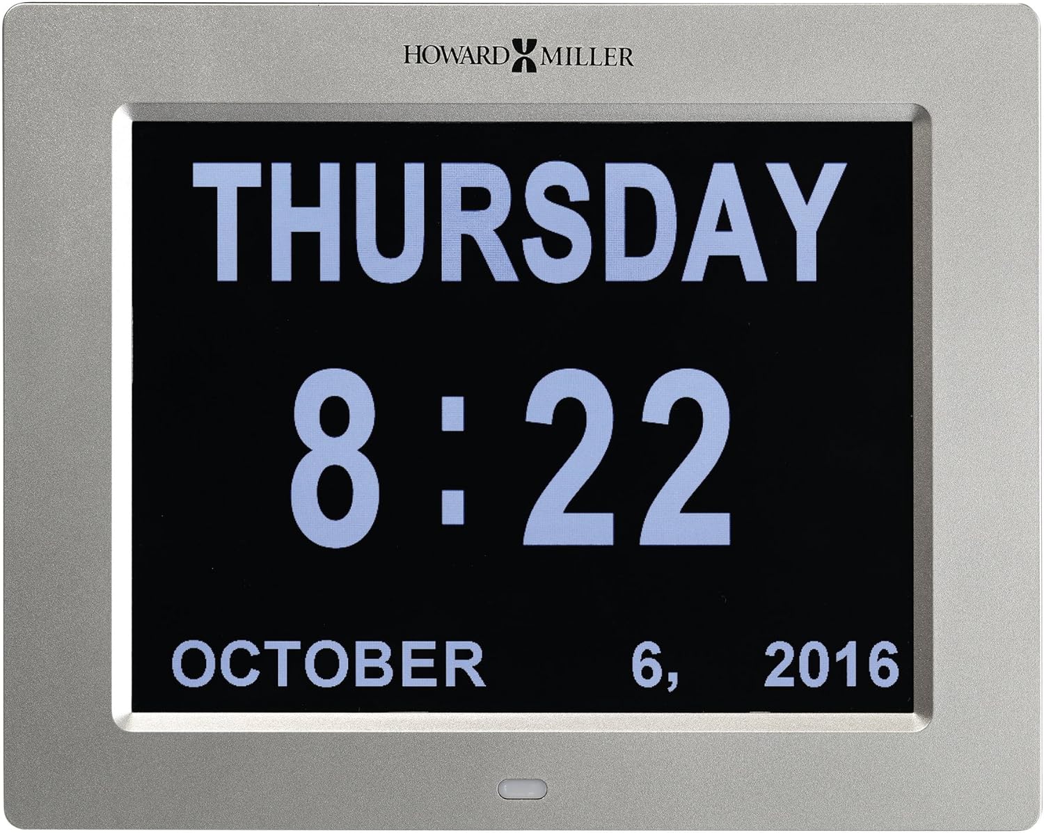 Howard Miller Memory Wall Clock 625-632 &ndash; Satin Silver Case, LED-Backlit Display, 12/24 Hour Time Display, Multi-Lingual, Modern Home Decor, AC Powered