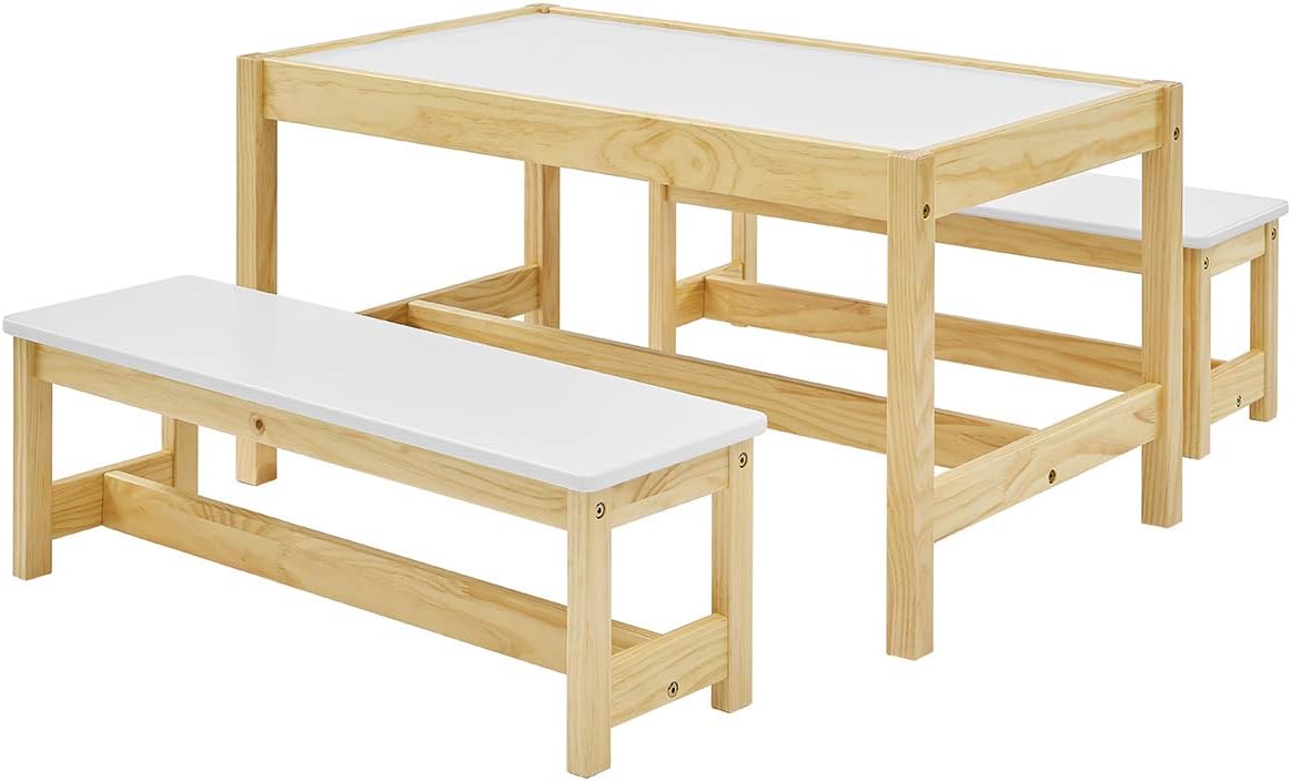 MUSEHOMEINC Kids Activity Table and Bench Set,Drawing and Painting Table for Study,Arts,Craft and Dining.3 in 1 Todder Play Table and Chair Set,Wooden Playroom and Learning Furniture