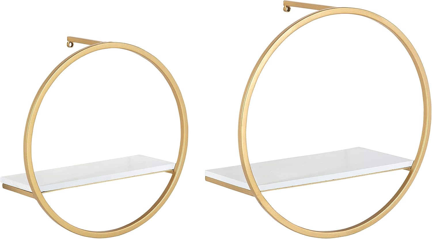 Kate and Laurel Wicks Modern Glam Floating Wall Shelf Set of 2 | Round Gold Metal Frame with White Painted Solid Wood Shelf Boards Pack of 2