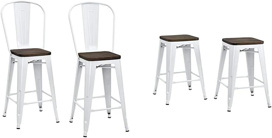 DHP P Luxor Metal Counter Stool with Wood Seat and Backrest White & Fusion Metal Backless 24%22 Counter Stool with Wood Seat, Distressed Metal Finish for Industrial Appeal, Set of Two, White