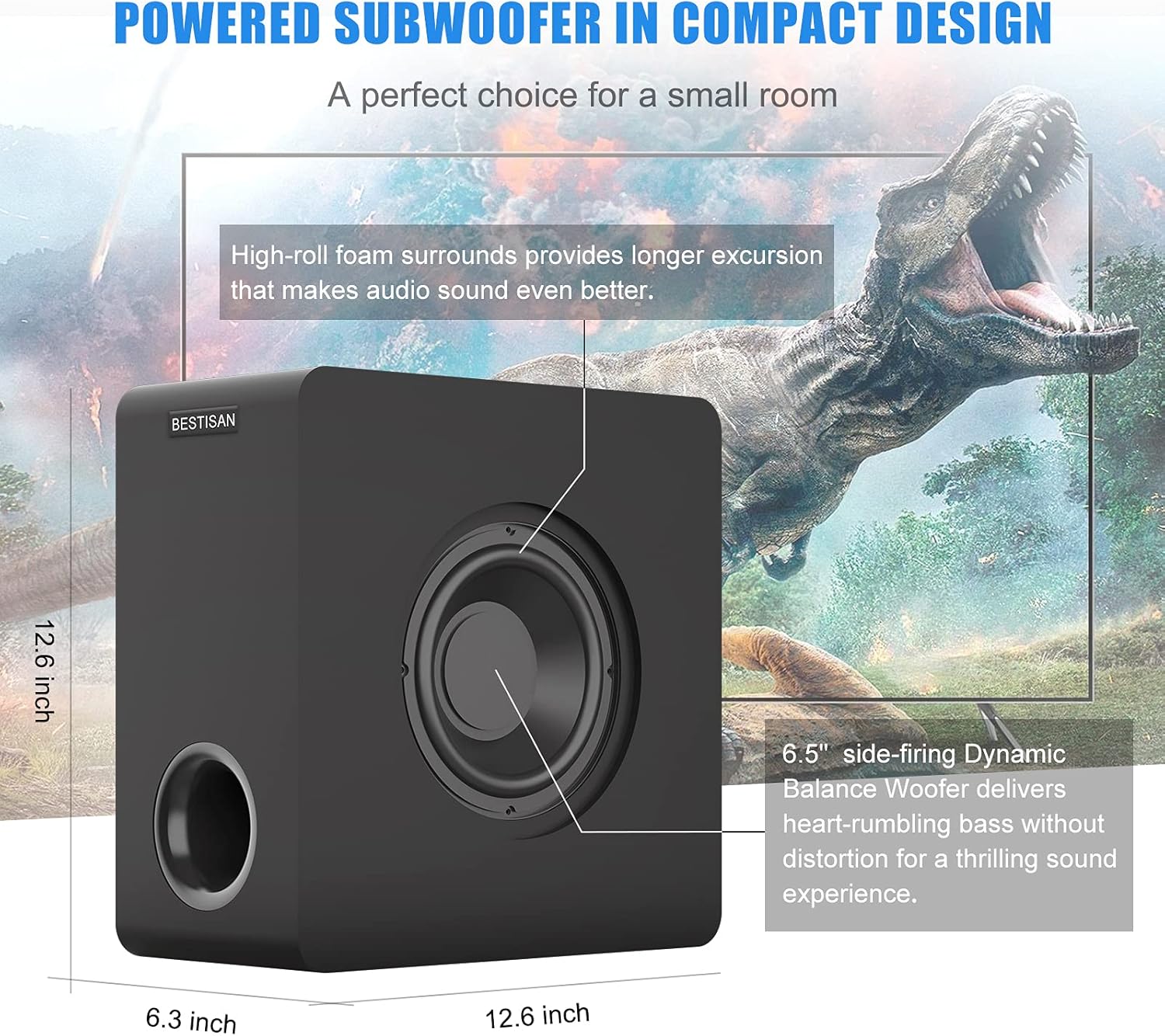 BESTISAN Powered Subwoofer, 6.5’’ Bluetooth 5.0 Home Audio Subwoofer, Deep Bass Response Subwoofers in Compact Design, Easy Setup with Home Theater Systems, TV, Speakers, Optical/Bluetooth/RCA, Black Pack of 2