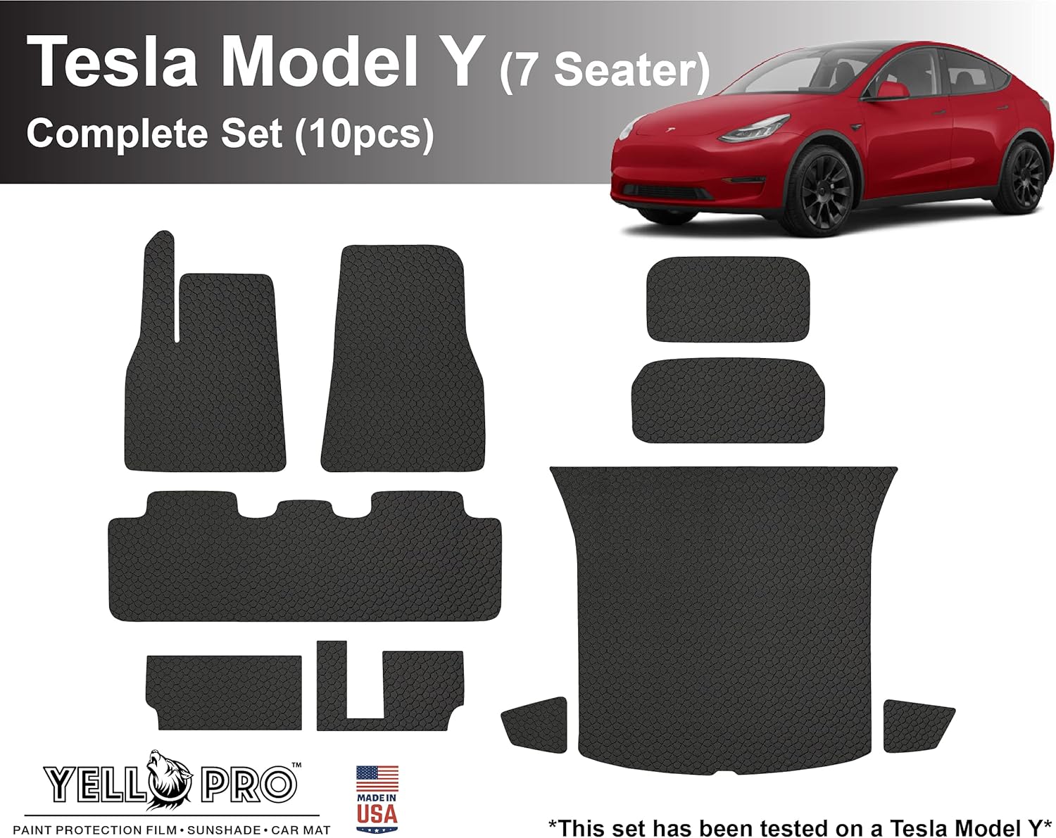 YelloPro Auto Custom fit Heavy Duty Full Set + 3pcs Cargo Floor Mat Waterproof All Weather Accessories for 2021 Tesla Model Y - 7 Seater - All Weather Black Rubber Environmental