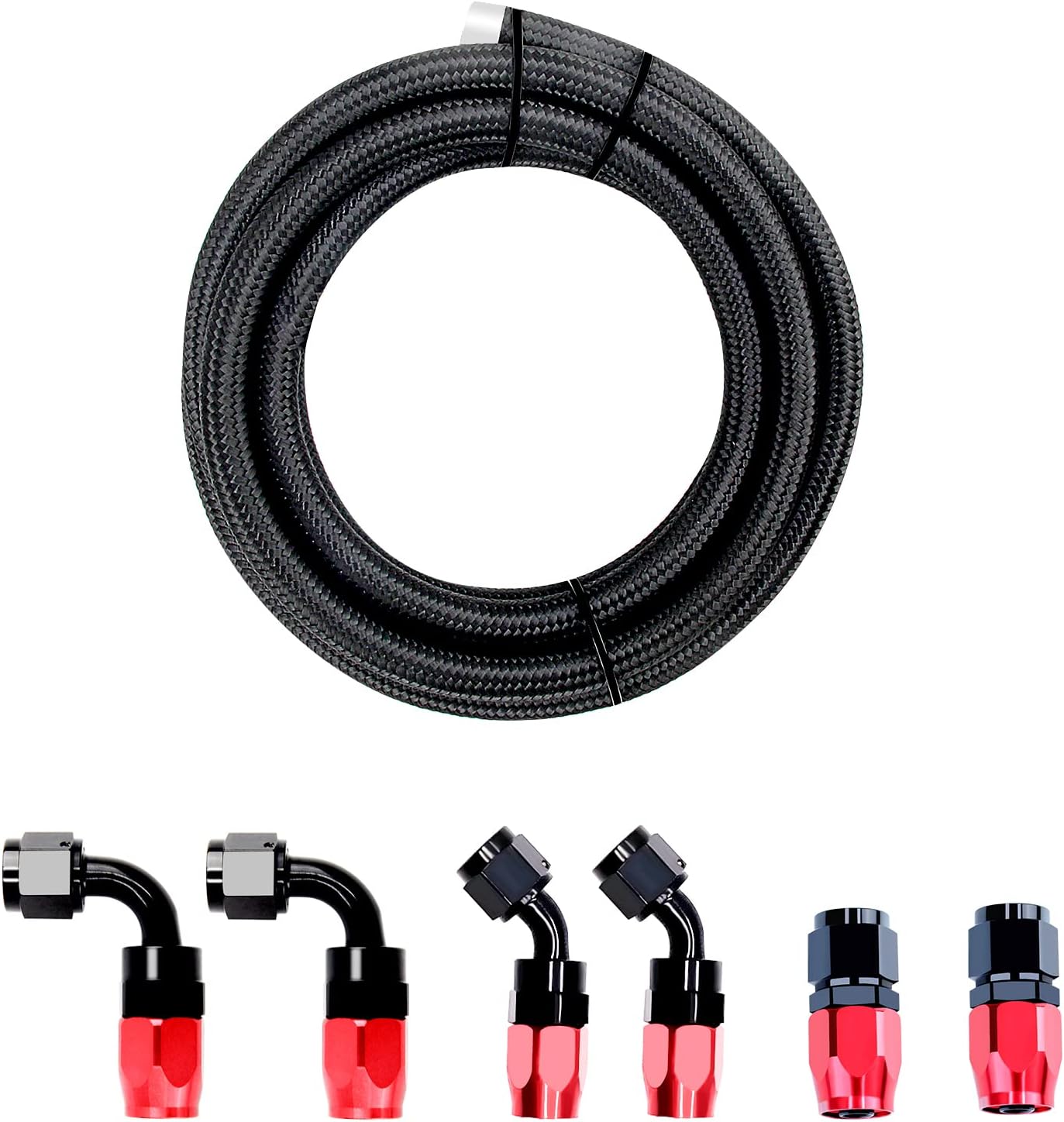 EONLION 6AN 10FT Fuel Line Kit Braided Nylon Fuel Line Hose CPE With Swivel Hose Ends Black&Red(Hose ID: 0.32 Inch)