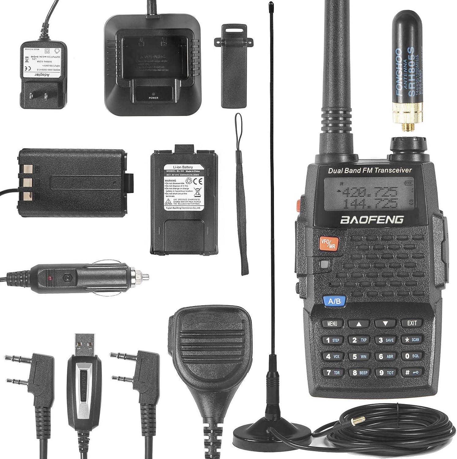 BAOFENG Ham Radio UV-5RE Plus 8 Watt 2 Way Radio for Car Dual Band Amateur Walkie Talkie 144-148/420-450MHz 2200mAh Battery, Antenna, Magnetic Base, Speaker Mic, Battery Eliminator, Cable Pack of 2
