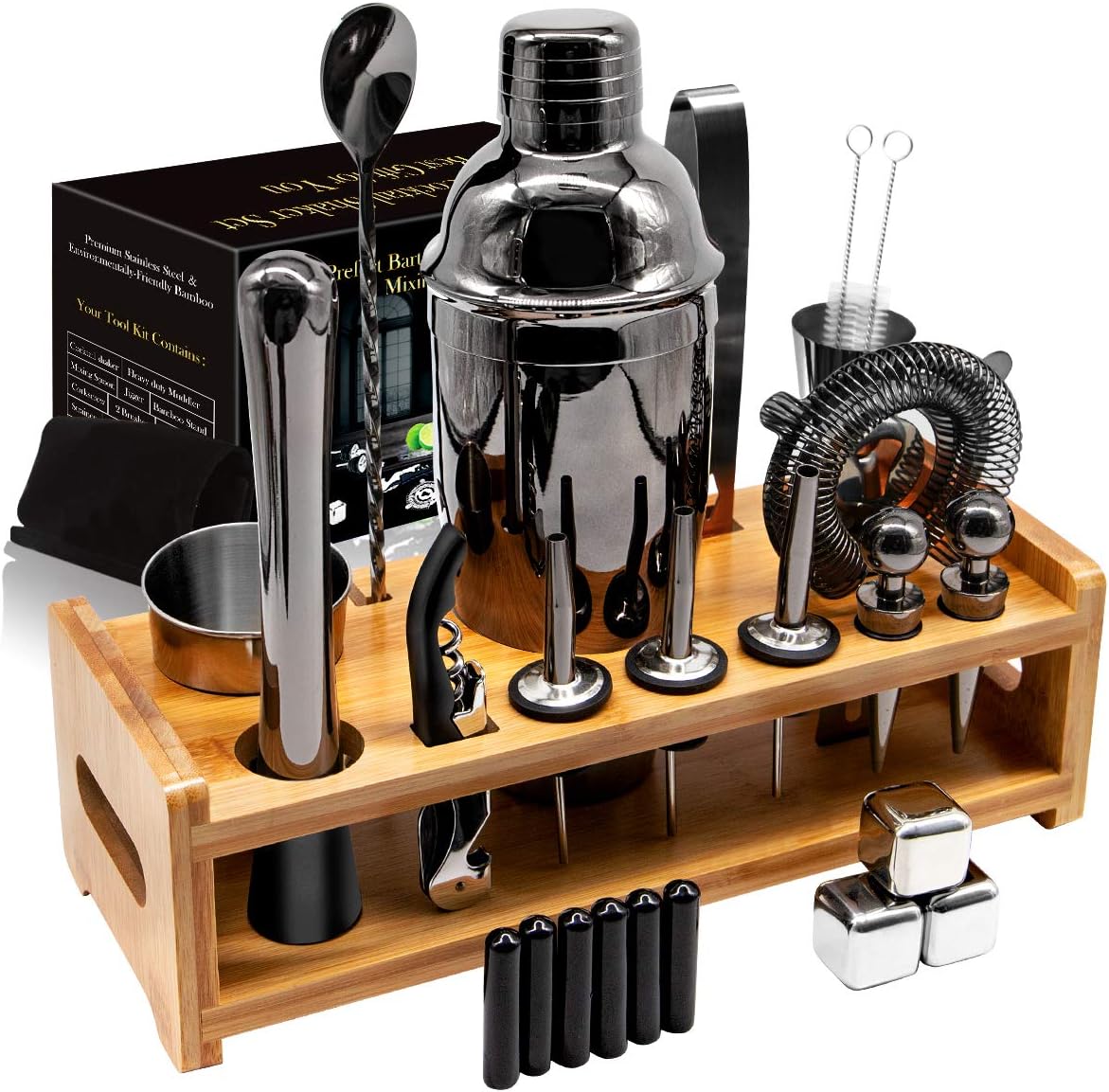 26Pcs Stainless Steel Cocktail Bar Tool Set,Perfect Bar Accessories for Home Bar Set and Martini Mixer Kit with Bamboo Stand for Making Awesome Drink Mixing Experience Ideal Gift Set (Black) Pack of 2