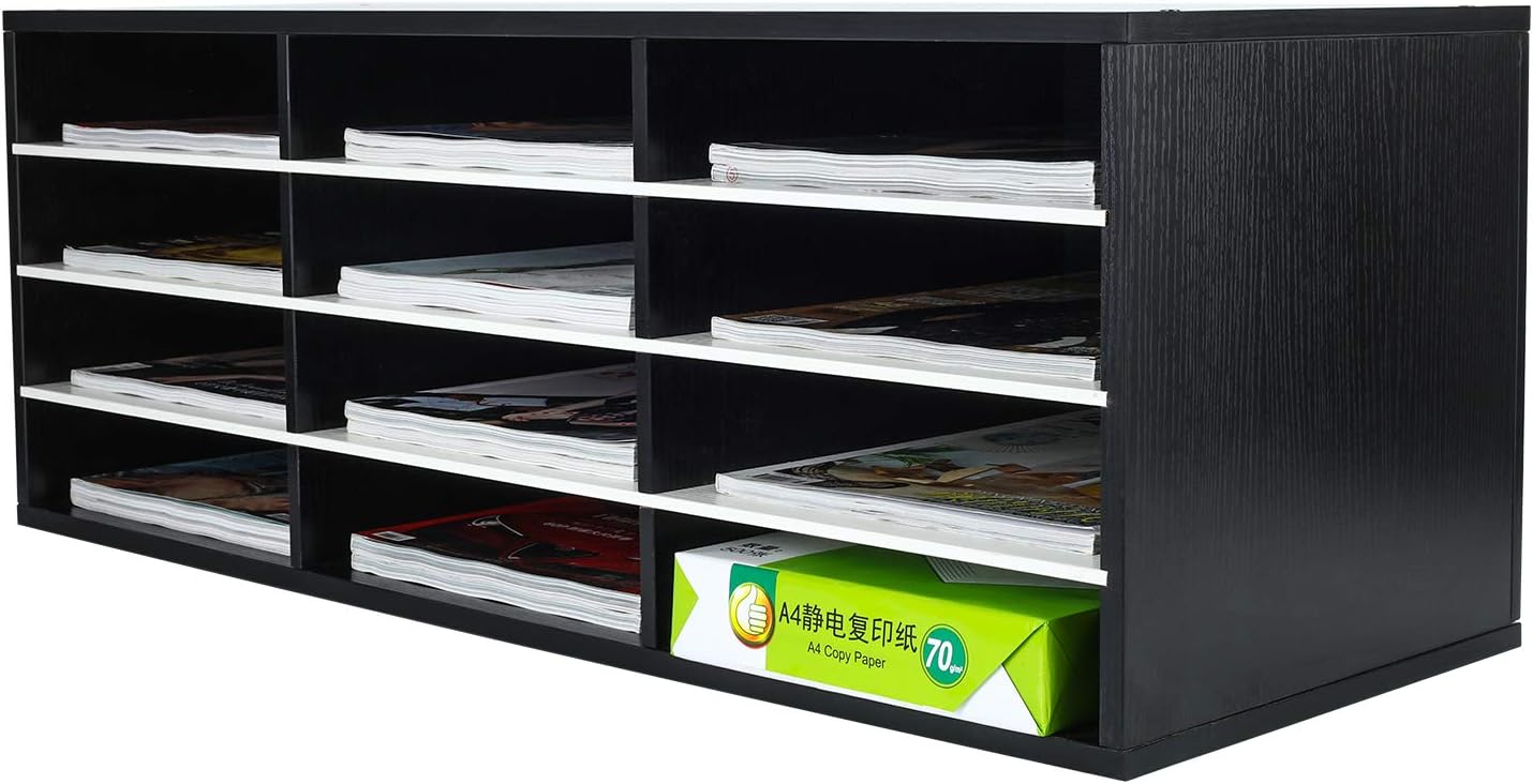 PAG Wood Desktop Literature Organizer Adjustable File Sorter Mail Center Magazine Holder Paper Storage Cabinet Classroom Keepers Mailbox, 12 Slots(4 Layers and 3 Columns), Retro White Pack of 2