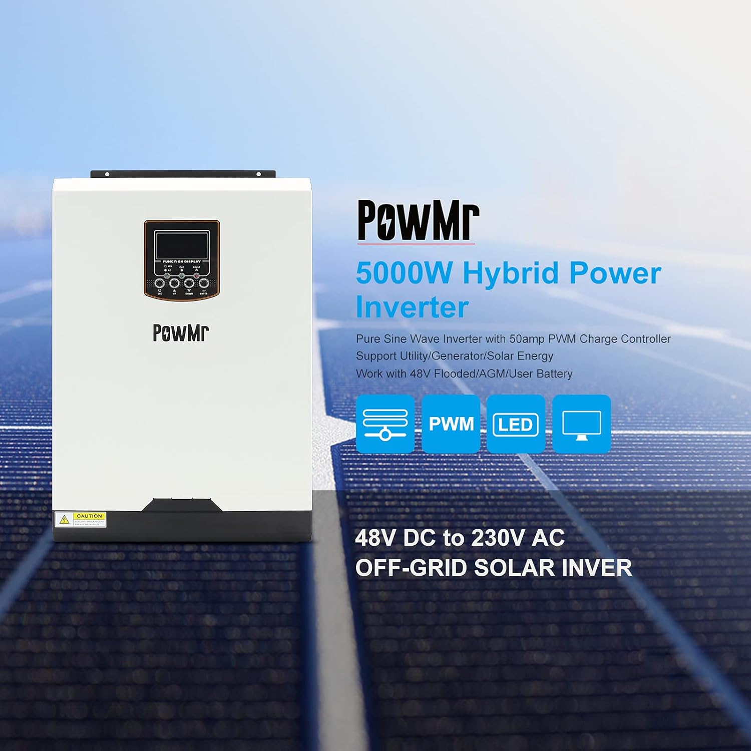 PowMr 5000W Hybrid Inverter 48V, Pure Sine Wave Inverter 48V DC to 220V-230V AC with 50A PWM Solar Controller,Supply Multi-Function Hybrid Inverter Support Utility/Generator/Solar Energy