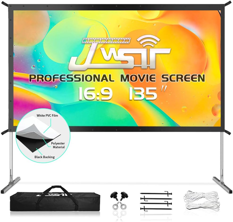 Projector Screen and Stand 120 inch, JWSIT Upgraded 3 Layers PVC 4K HD 16:9 Outdoor Projector Screen, Portable and Foldable Video Projection Screen with Carrying Bag for Home Theater Backyard Movie