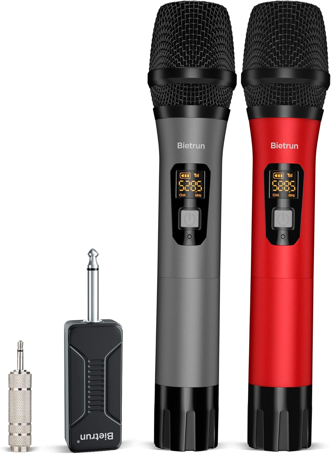 Bietrun Wireless Microphone, 160 ft Range, UHF Metal Dual Handheld Dynamic Mic Karaoke System with Rechargeable Receiver, 1/4‘’＆1/8‘’Output, for Amplifier, PA System, Party Singing, Karaoke, Church Pack of 2
