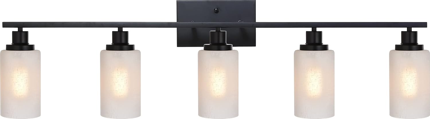 MELUCEE 5 Lights Bathroom Vanity Light Fixtures Matte Black with White Linen Glass Shade, Modern Wall Mount Light Fixtures for Bath Bedroom Powder Room, 40 Inches Length