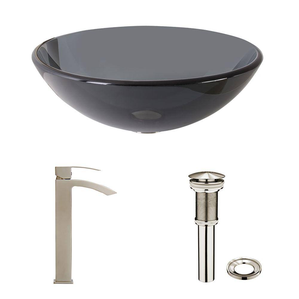 Vigo VGT1035 Sheer Black Glass Vessel Bathroom Sink and Duris Bathroom Vessel Faucet in Brushed Nickel