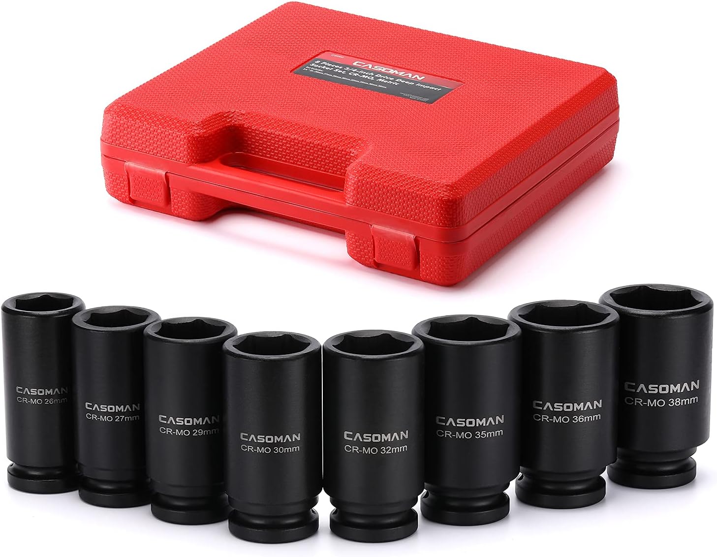 CASOMAN 8 Pieces 3/4-Inch Drive Deep Impact Socket Set, CR-MO, Metric, 6-Point, 26mm to 38mm, Radius Corner Design, 3/4