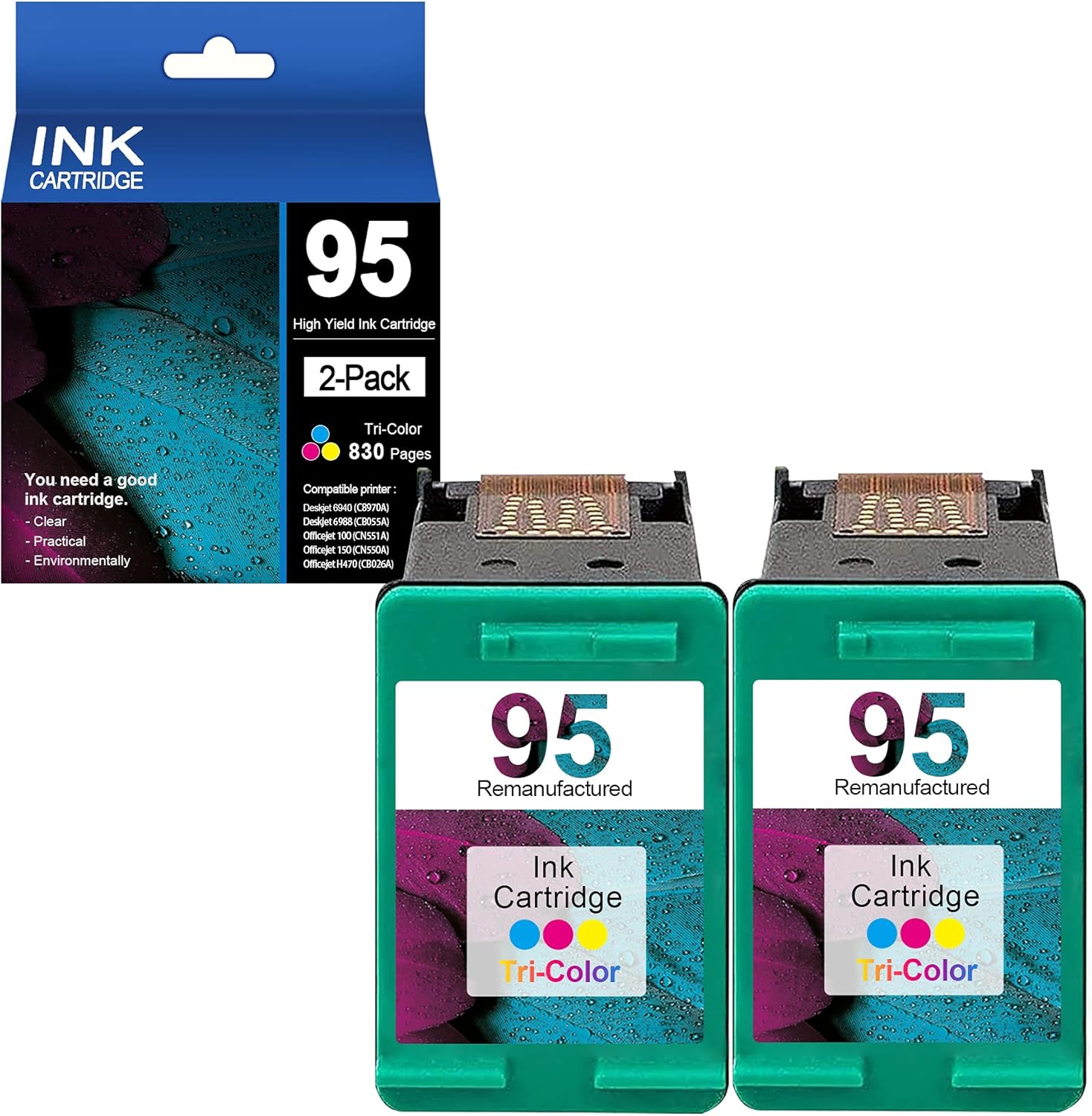 2 Pack Tri-Color Compatible 95 C8766WN Remanufactured Ink Cartridge Replacement for HP Deskjet 6940 (C8970A) 6988 (CB055A) Officejet 150 (CN550A) 100 (CN551A) H470 (CB026A) Printer Pack of 2