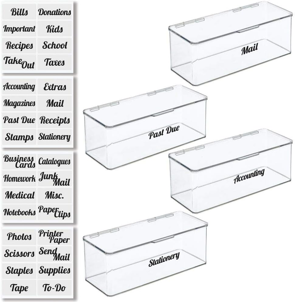 mDesign Plastic Stackable Home, Office Supplies Storage Organizer Box with Hinged Lid - for Note Pads, Gel Pens, Staples, Dry Erase Markers, Tape - Extra Tall, Pack of 4, Includes 32 Labels - Clear Pack of 2