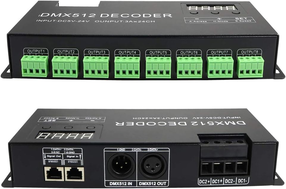 AZIMOM 24 Channel DMX Decoder Controller with Digital Display DC5V-24V 3A/CH RGB DMX512 led Controller Tape Strip Light Decoder Dimmer Pack of 2