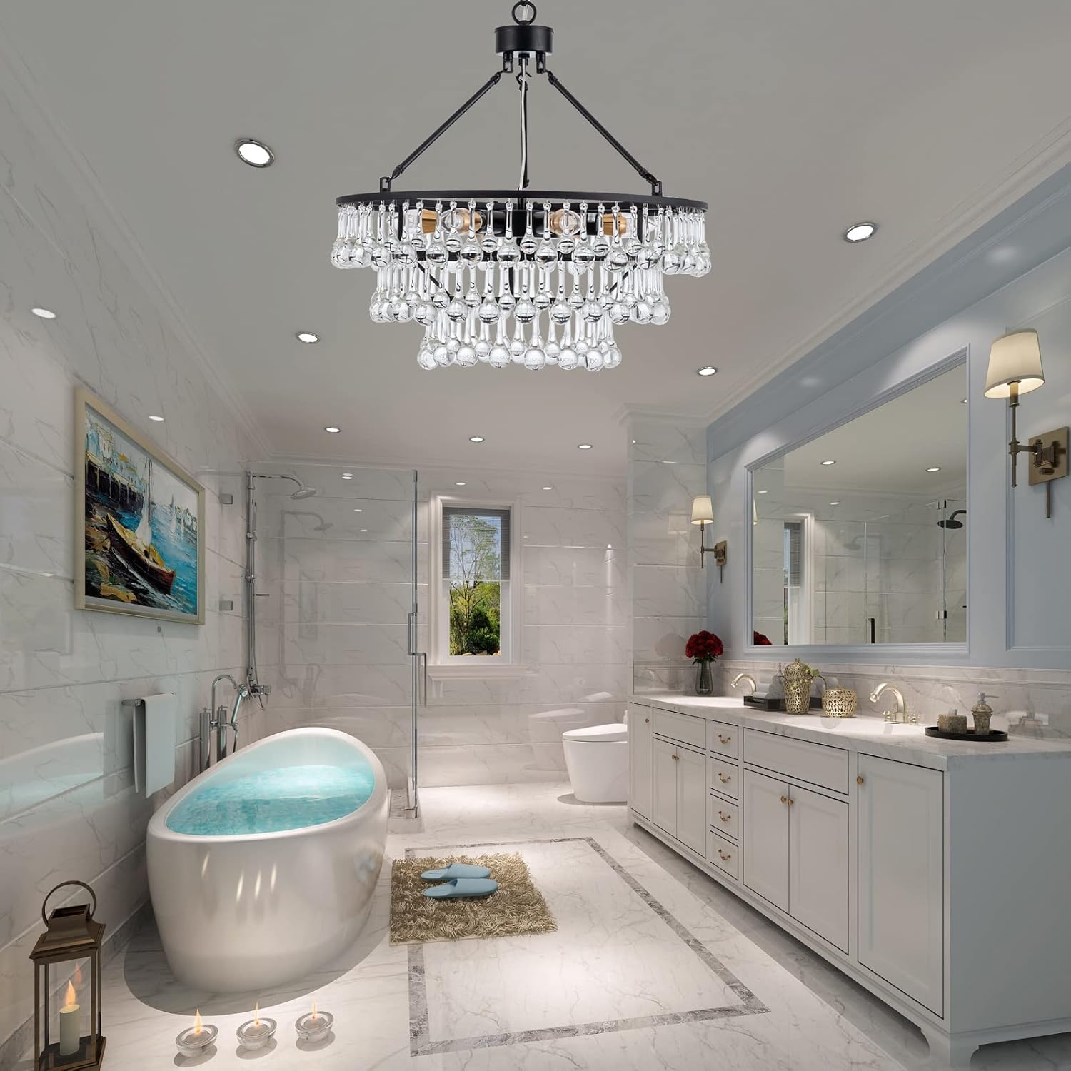 Modern Crystal Chandelier Black Round Pendant Ceiling Light Black 3-Ties Farmhouse Crystal Light for Living Room Dining Room Bedroom D20