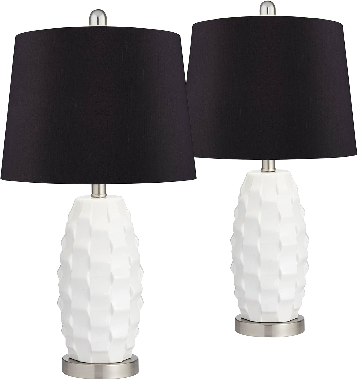 Scalloped Farmhouse Modern Coastal Table Lamps Set of 2 LED White Ceramic Brushed Nickel Blue Softback Drum Shade Living Room Bedroom Beach House Bedside Nightstand Home Office - 360 Lighting