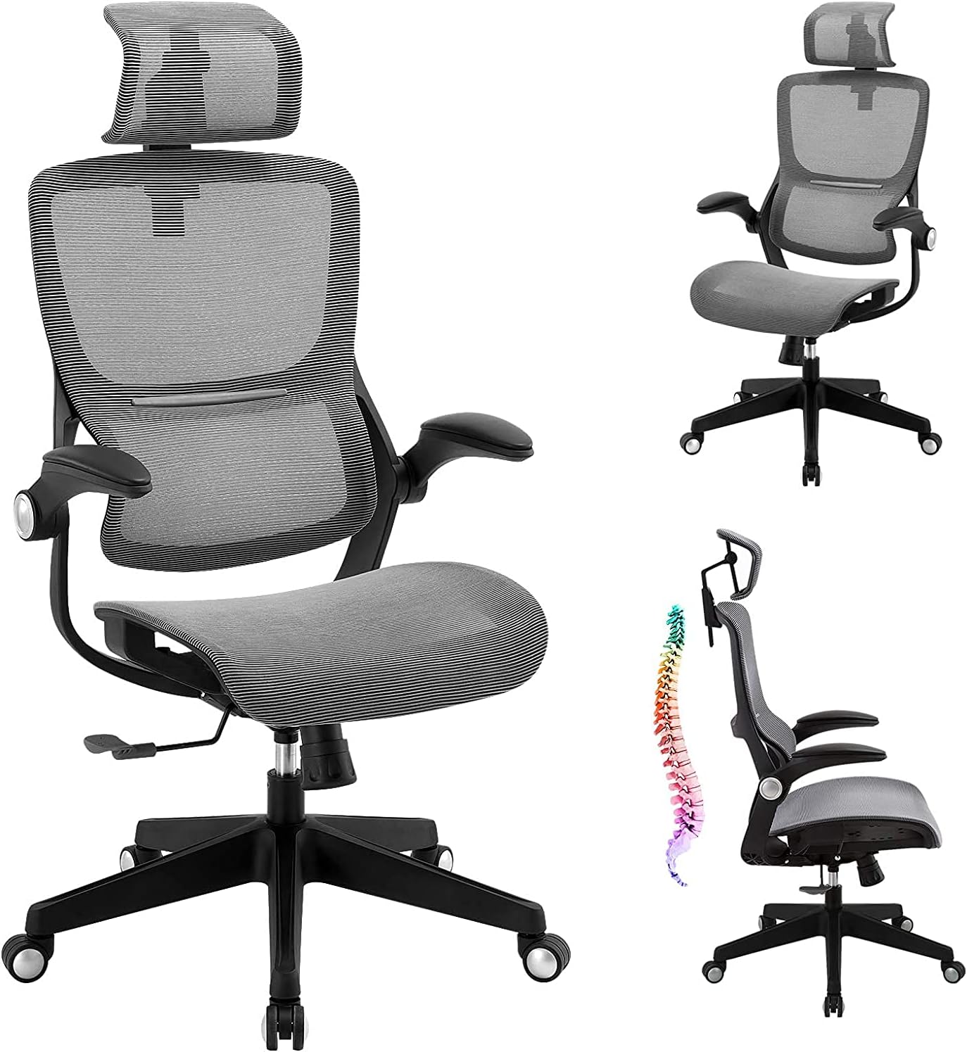 Office Chair-Ergonomic Adjustable Office Chair, High Back Desk Chair with 3D Arm Rests and Lumbar Support, Comfortable Thick Cushion Breathable Mesh Computer Chair with Adjustable Headrest Task Chair
