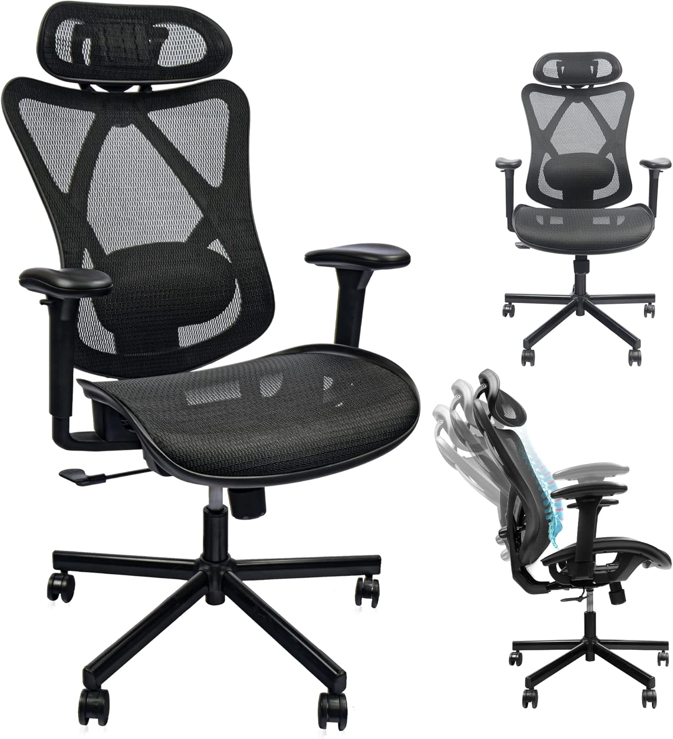 Mesh Office Chair, Ergonomic Office Chair with Adjustable Lumbar Support, Armrest, Headrest - Tilt High Back Desk Chair with Mute Wheel for Office, Home, Gaming