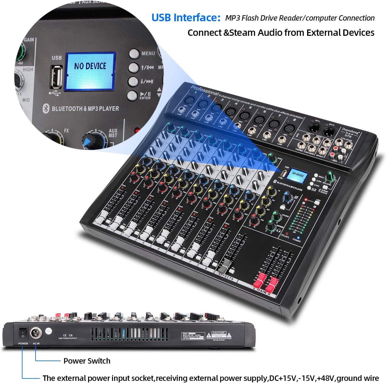 Depusheng DT8 Professional Mixer Sound Board Console 8 Channel Desk System Interface Digital USB Computer MP3 Input 48V Phantom Power Stereo DJ Studio FX Steel Chassis,Black