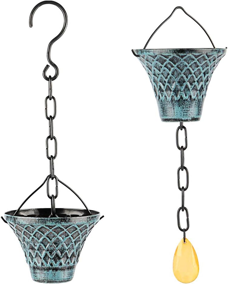 Hanayard Rain Gutter Chains Blue Grid Downspout Diverter Decorative Iron Rain Water Garden Extension with Installation, 8.5 Ft Pack of 2