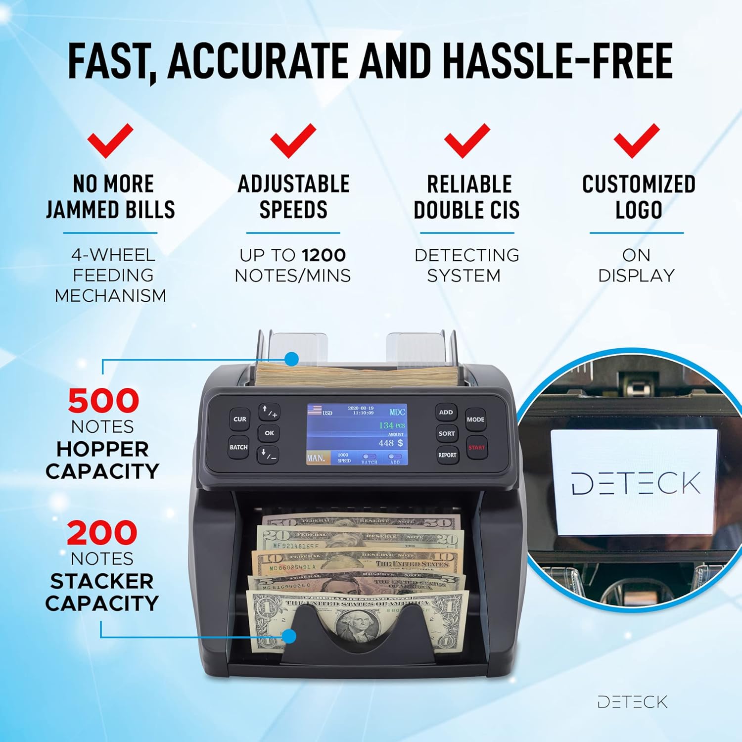 DETECK Money Counter Machine Mixed Denomination, 2Yr Warranty DT600 Bank Grade Multi Currency Bill Counter Machine, Serial Nb, 2CIS/UV/MG Counterfeit Detection, Cash Counter, Value Count & Printing