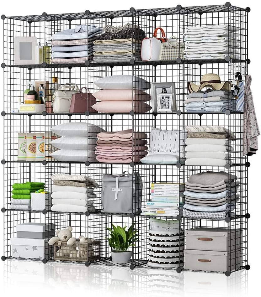 YOZO Wire Cube Storage Metal Closet Wardrobe Room Organizaion armoire Pantry Cabinet Book Shelf Organizer Rack MultiFuncation Cubby Shelving Unit, 25 Cubes, Black