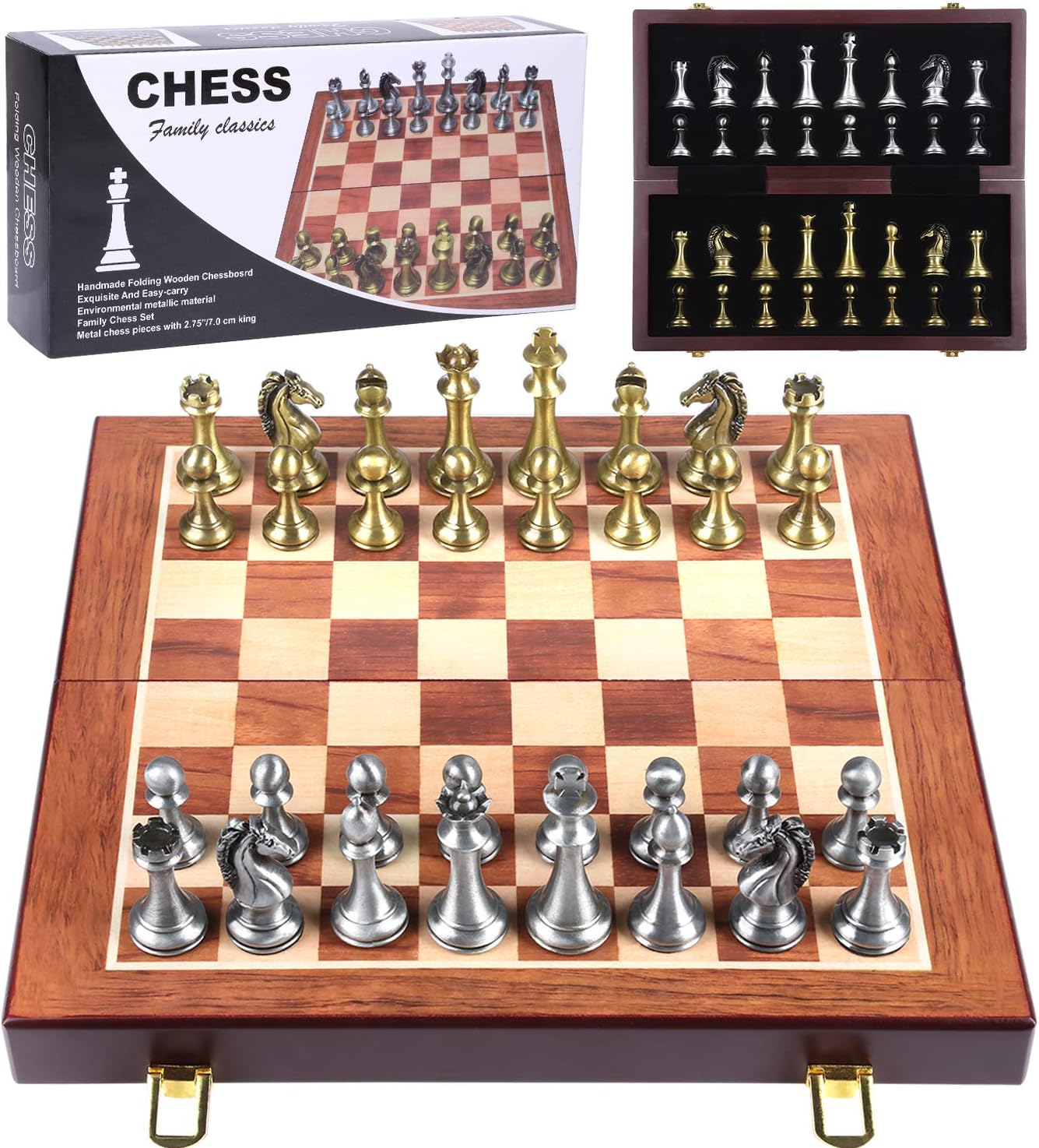 Metal Chess Set - Chess Board Game for Adults and Kids - Wooden Folding Travel Chess Board with Metal Pieces (Style A) Pack of 2