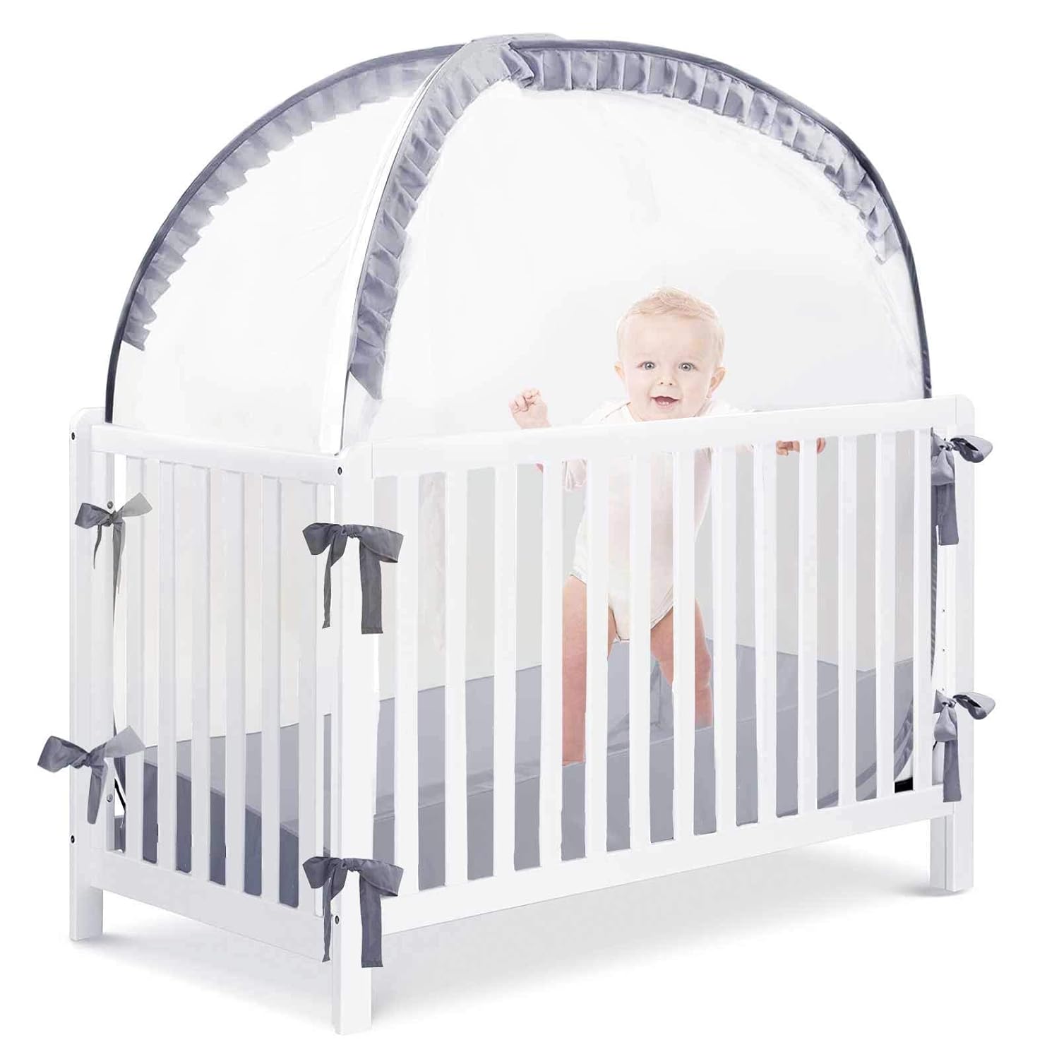 L RUNNZER Baby Crib Tent to Keep Baby from Climbing Out,Pop Up Crib Tent to Protect Your Baby from Falls and Bite,See Through Mesh Top Nursery Net Pack of 2