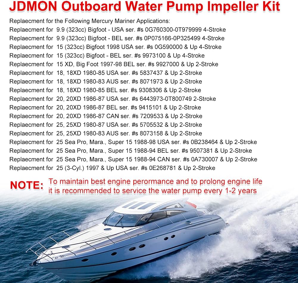 JDMON Compatible with Water Pump Impeller Kit Mercury Mariner BigFoot Outboards 2 Stroke 15 20 25 HP XD 4 Stroke 8 9.9 13.5 15 HP Replaces 46-99157T2