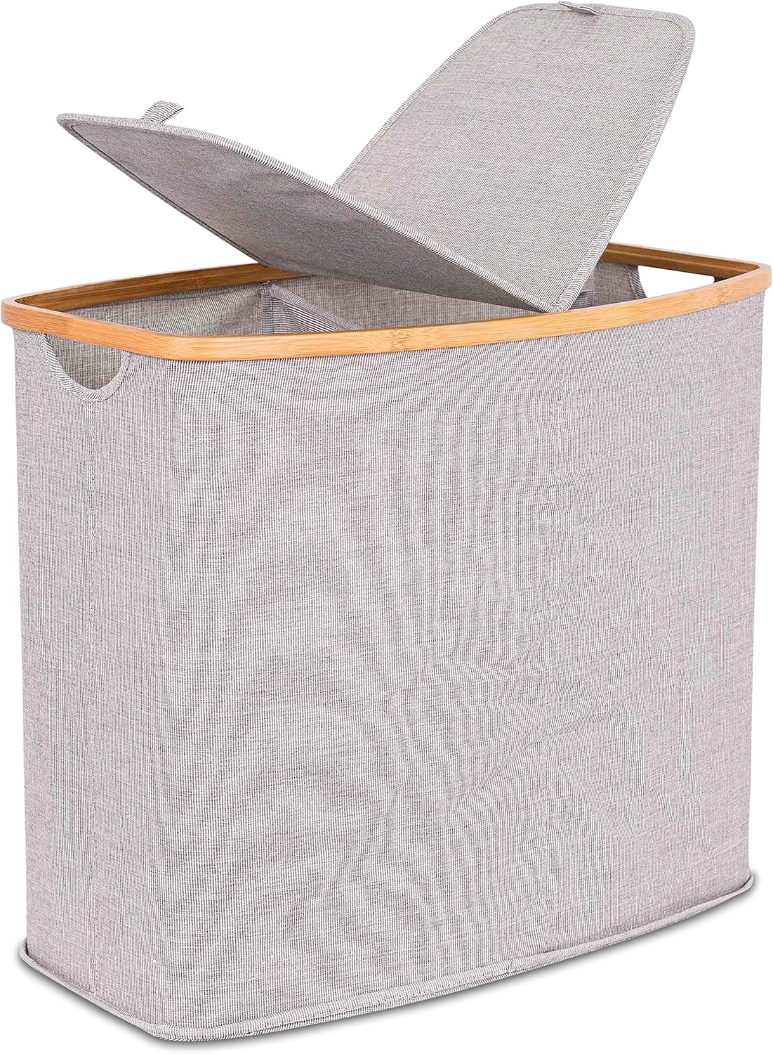 BIRDROCK HOME Divided Bamboo & Canvas Hamper - Double Laundry Basket with Lid - Modern 2 Section Foldable Hamper - Cut Out Handles - Grey Narrow Design - Great for Kids Adults Pack of 2