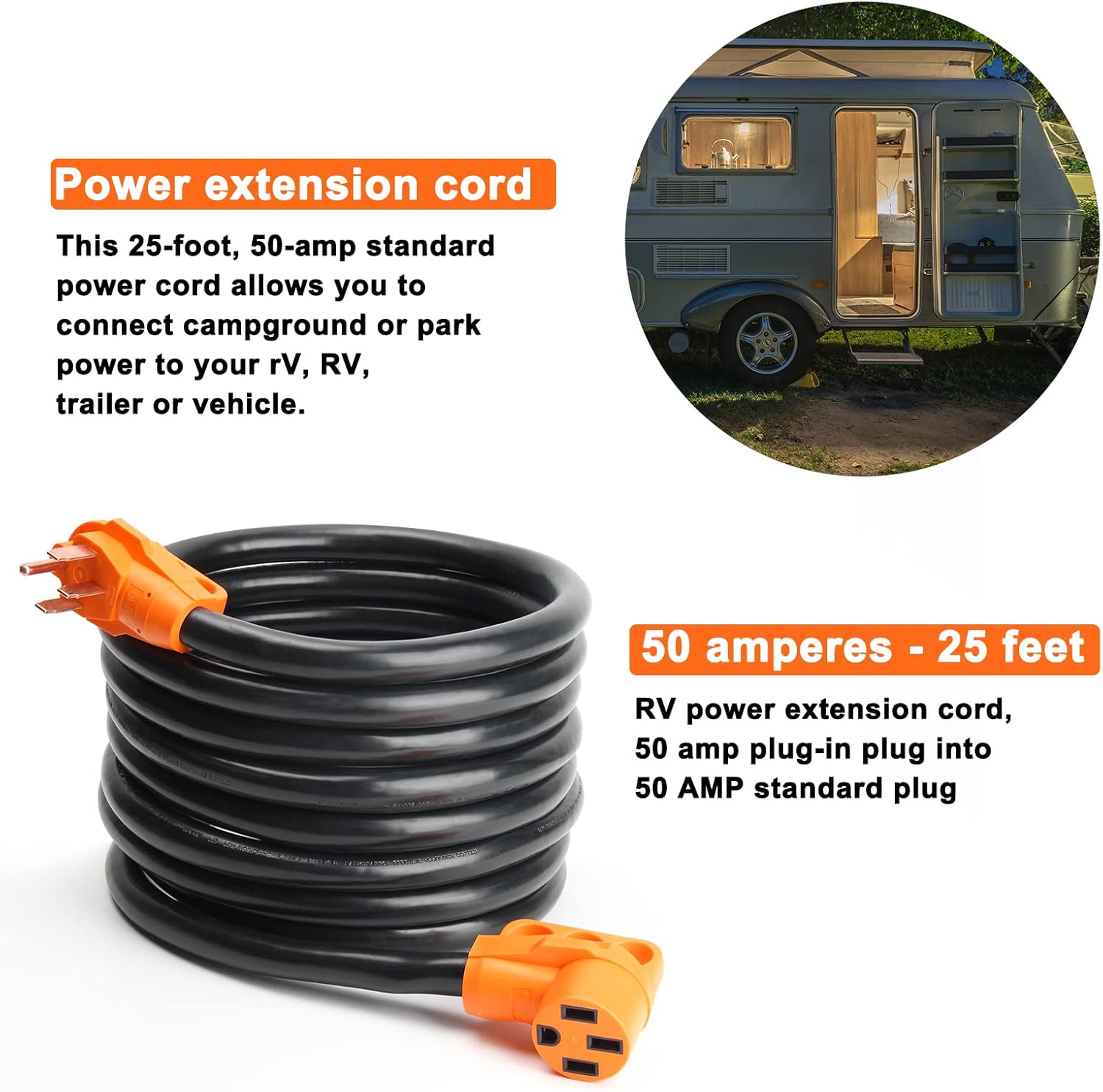 OPL5 50 Amp 25 Feet RV Power Extension Cord, Heavy Duty 14-50P to 14-50R Plug Receptacle Connector with Grip Handle 6AWG3C+8AWG1C, ETL Listed for RV Camper (50Amp to 50Amp 25FT)