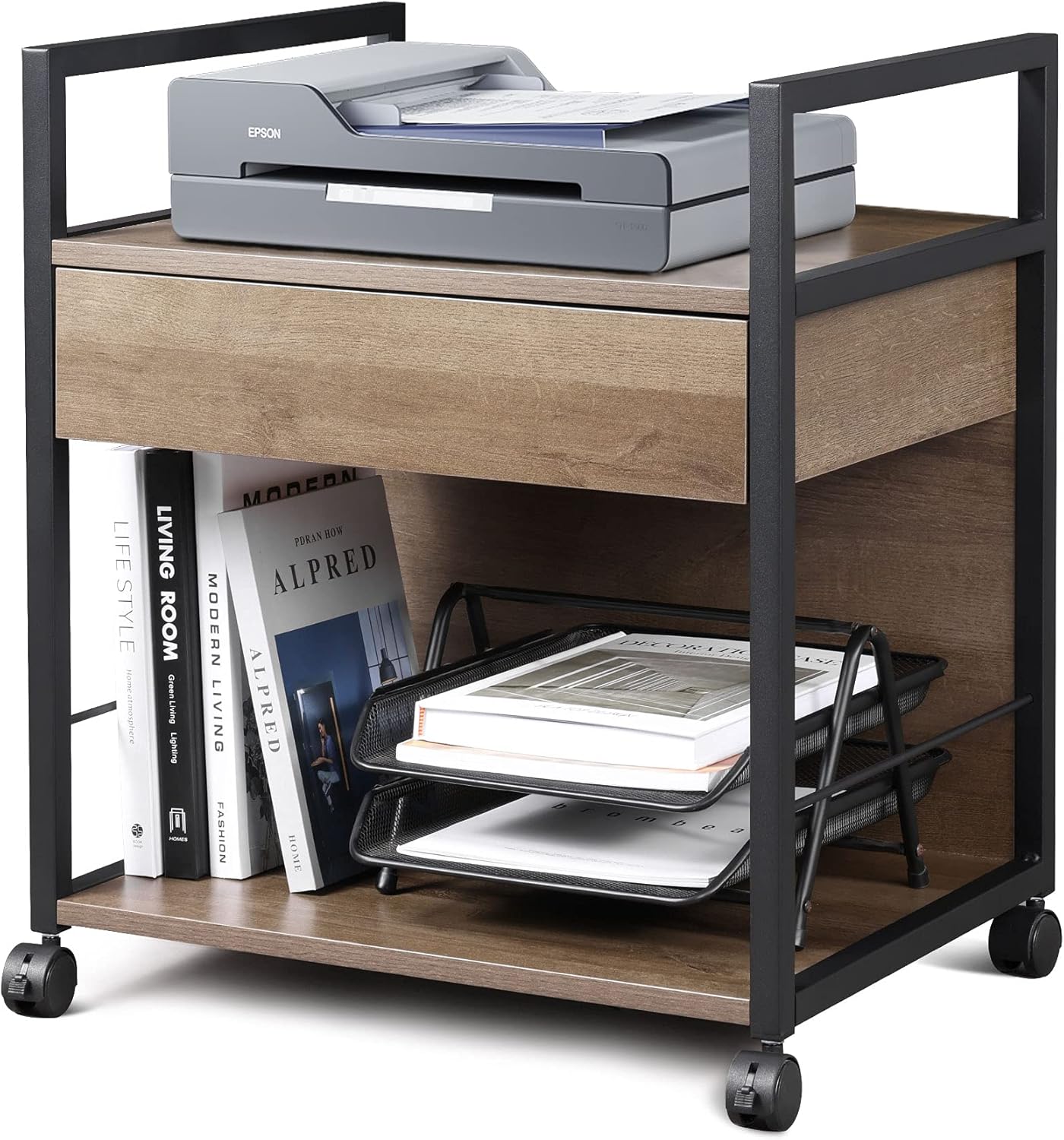 DEVAISE Mobile Printer Stand with Storage Drawer, Modern File Cabinet Printer Cart for Home Office, Gary Oak Pack of 2
