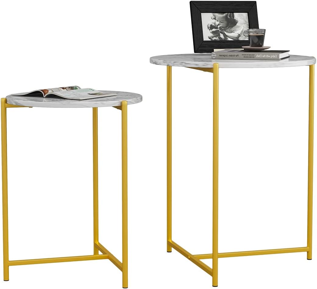 Noskatu Modern Round Nesting Side Table Set of 2 Faux Marble Top Side Table Metal Base End Table for Small Spaces and Living Room (Gold) Pack of 2