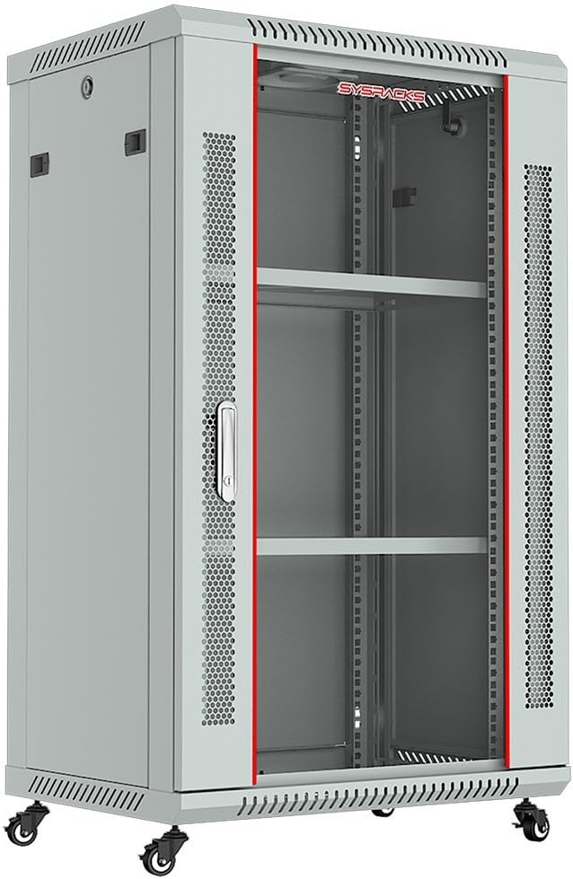 Sysracks 18U Wall Mount Gray IT Network Av Data Server Rack Cabinet Enclosure 24 Inch Depth - 2 Shelves - 8-Way PDU - Fan - Casters - Hardware