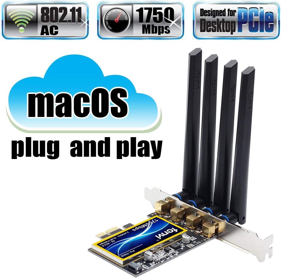 fenvi T919 PCI-E WiFi Adapter Continuity Handoff BCM94360CD WiFi Card for macOS Windows 7 8 10 11 Native Airport BT4.0 1750Mbps Dual Band 802.11ac Beamforming+ WLAN Plug and Play Cataline Mojave OS X