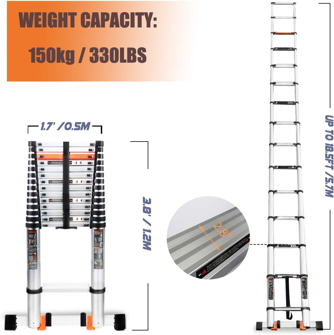 Kingdely 18.5FT Telescoping Ladder, Aluminum Collapsible Extension Ladder with Stabilizer Bar, Hooks and Nonslip Design, Multi-Purpose Telescopic Ladders Compact Ladder,Up to 330 LBS