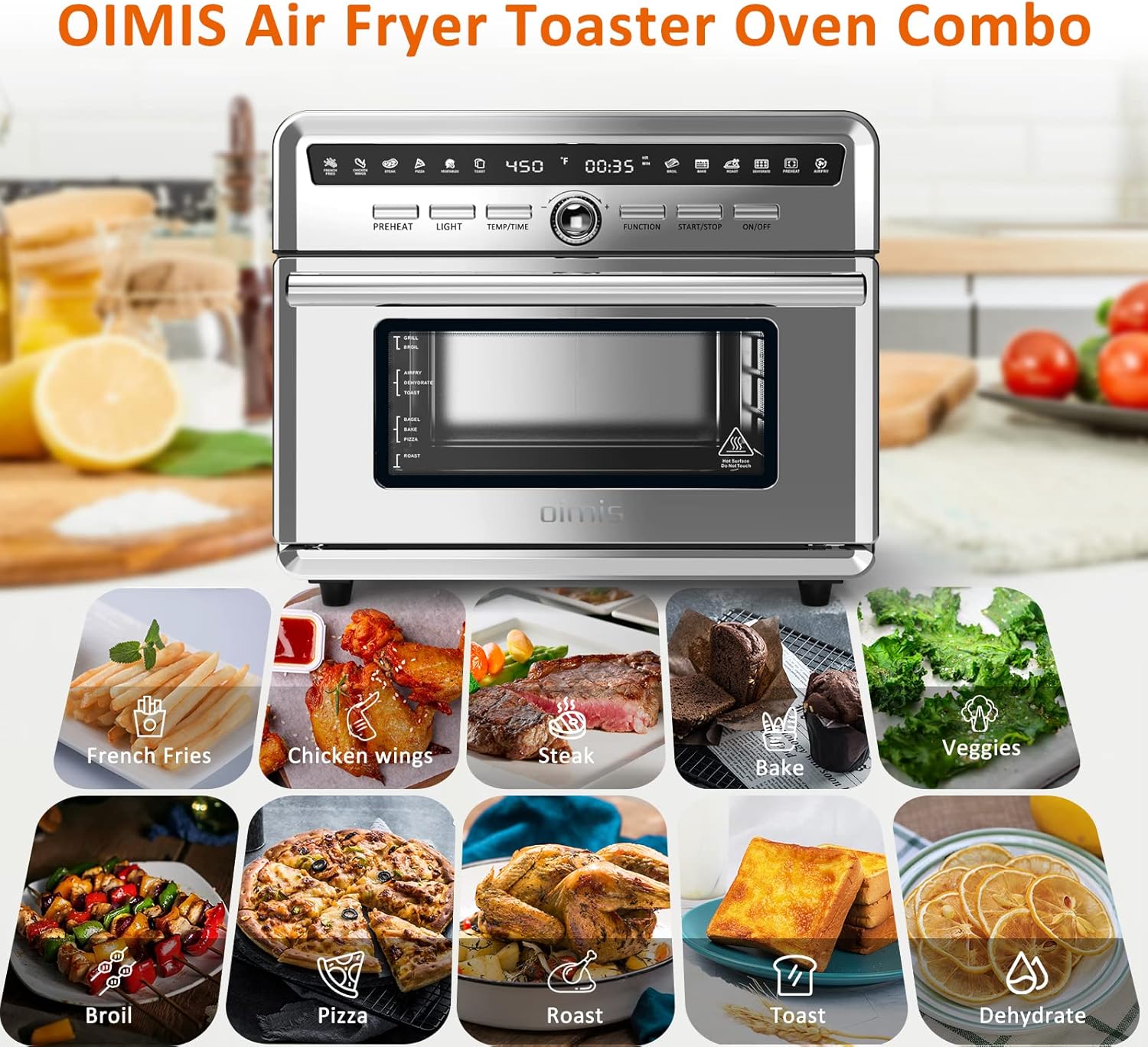 OIMIS Smart Air Fryer Oven 4 Slice Toaster Ovens Countertop 26.5QT Stainless Steel Air Fryer Combo Complete Accessories and Cookbook ETL Certified