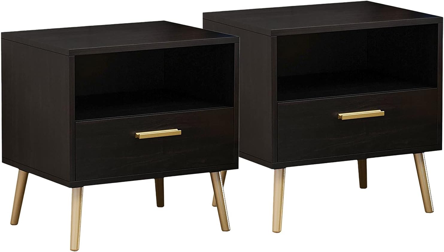 FUFU&GAGA Nightstand Set of 2 Modern Bedside Table with Metal Legs Minimalist and Versatile End Side Table, 1 Drawer & 1 Open Shelf (Black Brown)