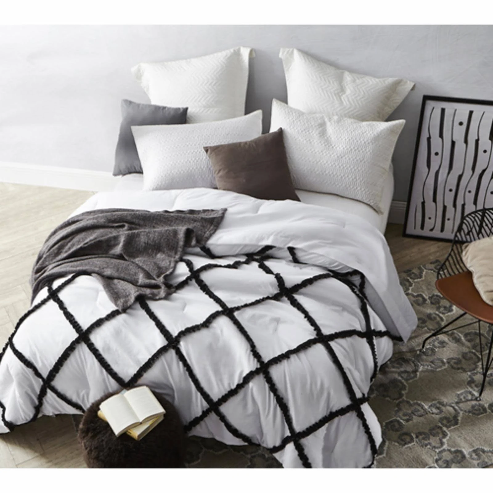 Byourbed BYB Black on White Gathered Ruffles - Handcrafted Series Comforter, Queen