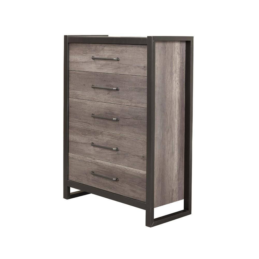 Benzara Bm171870 Chest with 5 Drawers in Rubberwood Black and Gray