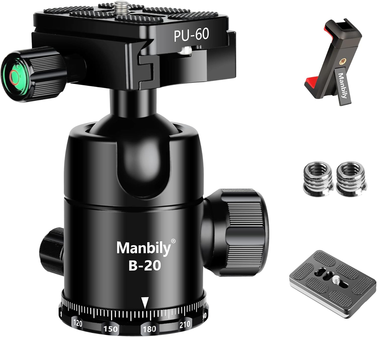 Manbily Professional Tripod Ball Head,Super Long Lens Does Not Easy Nod or Sag,Rotate 360 Degrees,Quick Release Plate and Level Gauge,CNC Metal Aluminum,for DSLR,Camcorder,monopod,Up to 33lbs/15kg Pack of 2