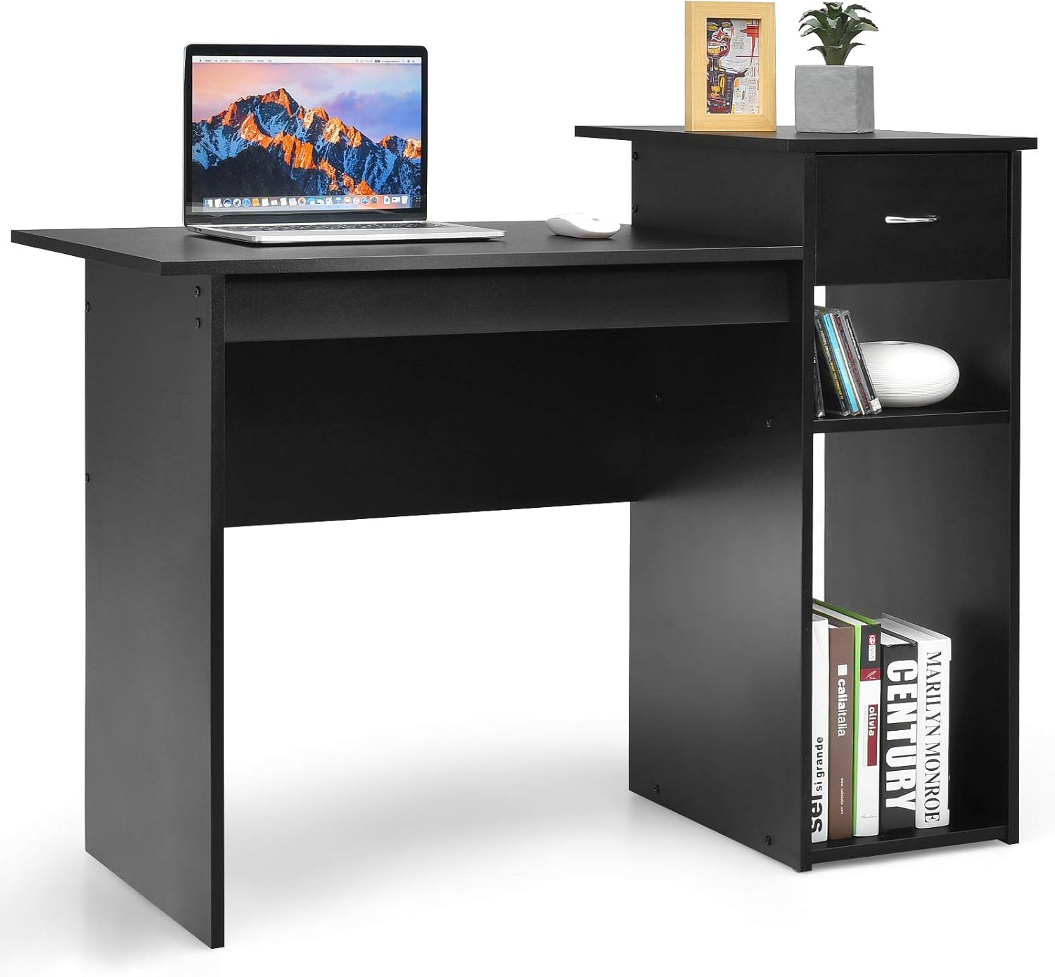 Tangkula White Compact Computer Desk, Perfect Small Desk for Samll Space, Modern Simple Wooden Study Desk Writing Desk with Storage Drawer & Compartments, Home Office Desk (White)