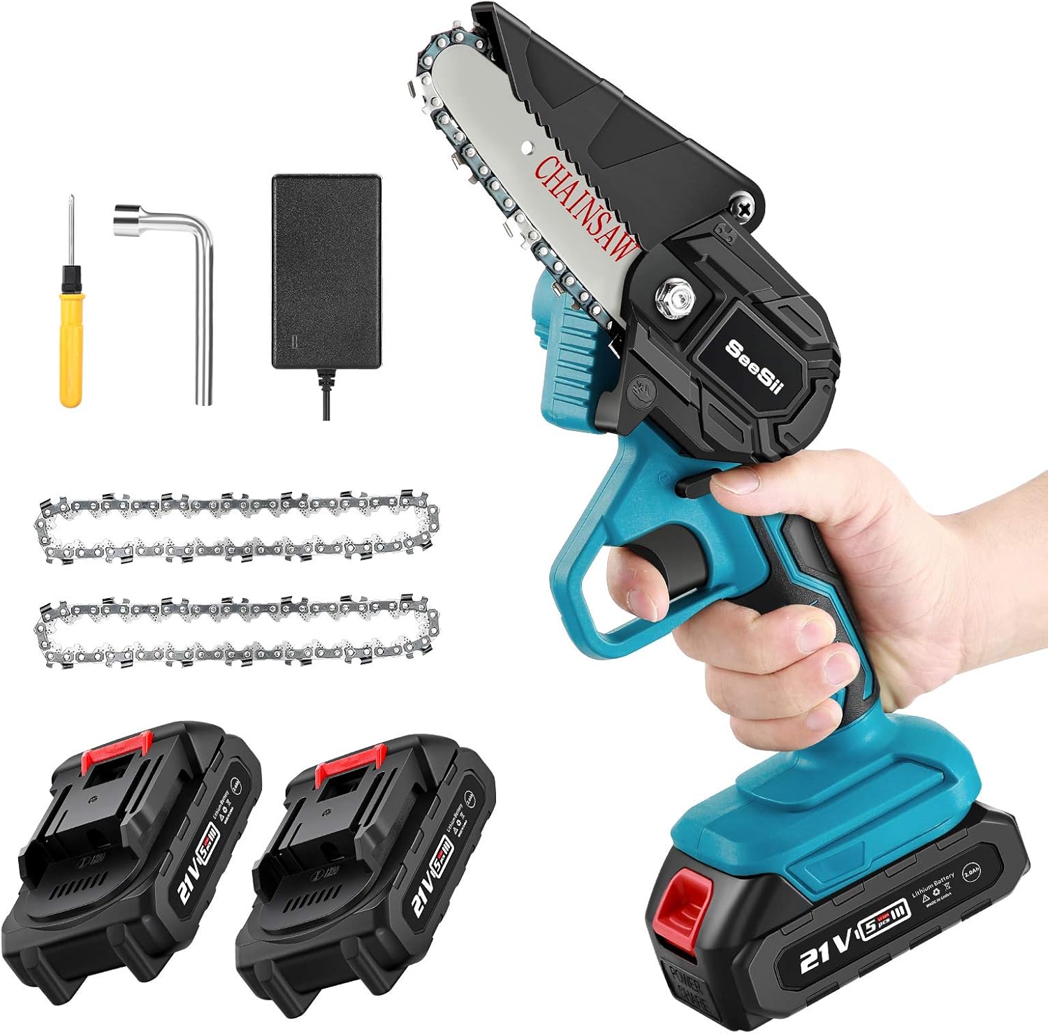 Mini Chainsaw, Seesii 4-Inch Cordless Electric Chainsaw with 2 Pcs Battery and Replacement Chain, One Handed Mini Pruning Shears Chainsaw for Tree Trimming Wood Cutting Pack of 2