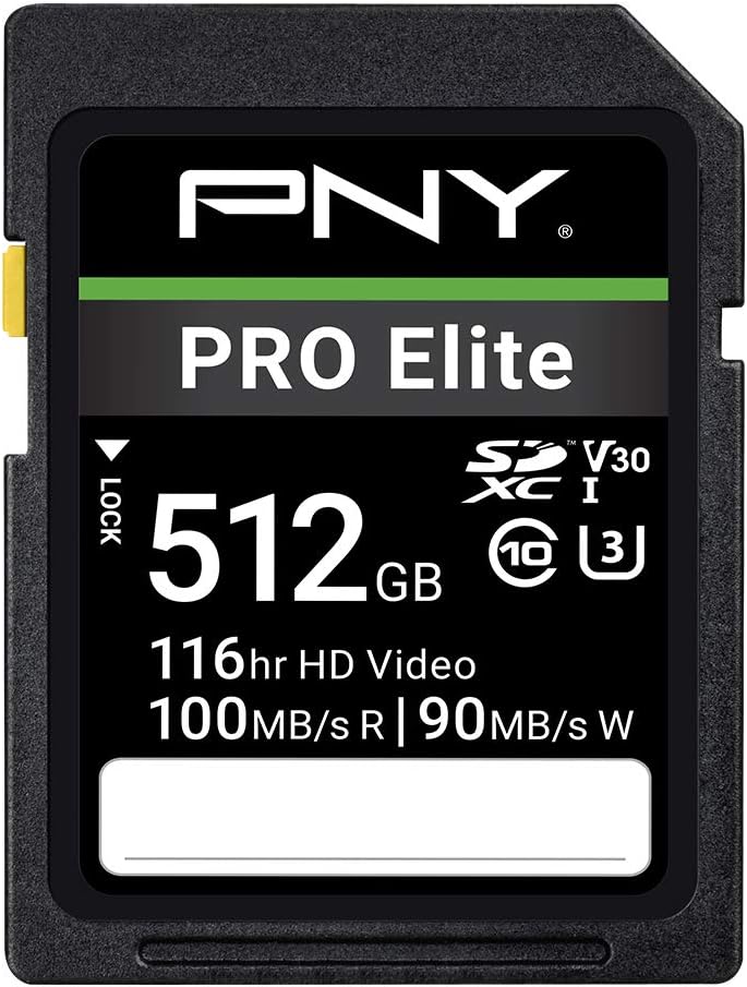 PNY 512GB PRO Elite Class 10 U3 V30 SDXC Flash Memory Card - 100MB/s, Class 10, U3, V30, 4K UHD, Full HD, UHS-I, Full Size SD Pack of 2